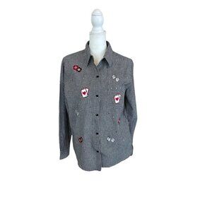 Black White Checked Gambling Cards Dice Embroidered Patch Button Up Blouse SzS